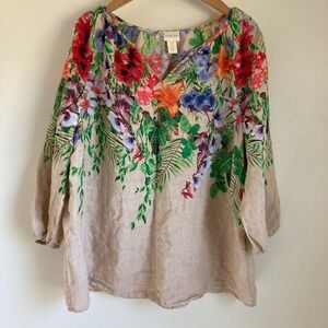 Chicos Womens 3P Petite Linen Tunic V-Neck Tropical Floral Print Beige Top